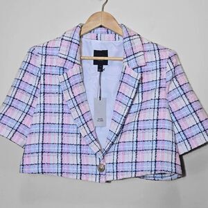 River Island Tweed Crop Blazer Jacket Sz 10 Clueless Academia Preppy Schoolgirl
